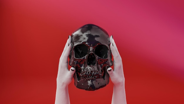 Representación 3D de una calavera sosteniendo una calavera en manos de una mujer.