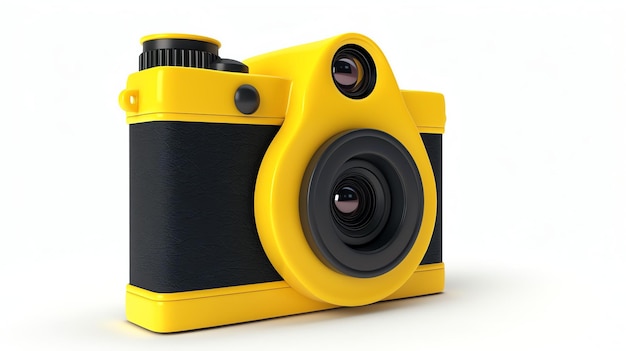 Una representación 3D de una cámara amarilla y negra La cámara tiene un diseño retro y una lente grande Está aislada sobre un fondo blanco