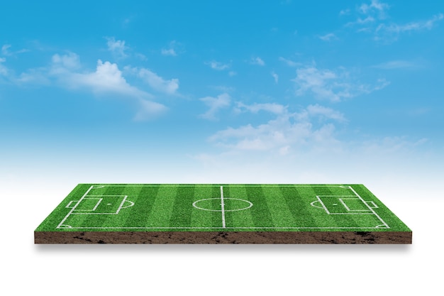 Representación 3D. Campo de hierba verde de fútbol sobre fondo de cielo azul.