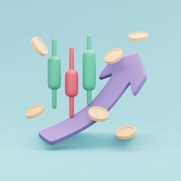 Representación 3D de candelabro en moneda roja y verde y flecha apuntando hacia arriba concepto de icono de mercado de valores de inversión en el fondo 3D Render ilustración estilo de dibujos animados