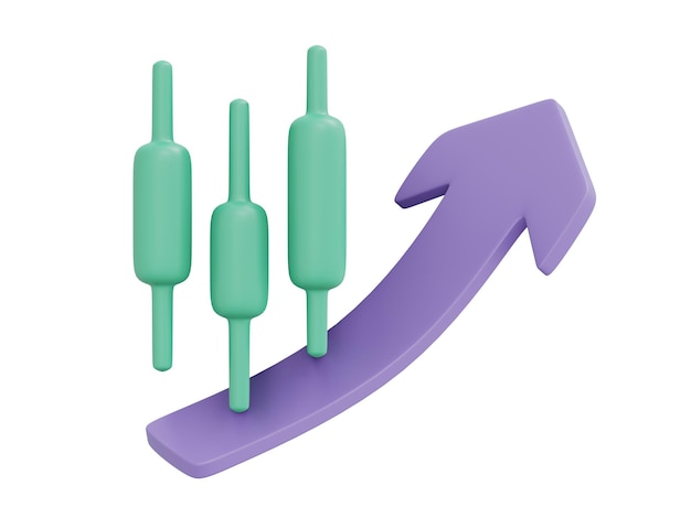 Representación 3D de candelabro en verde y flecha apuntando hacia arriba icono concepto de mercado de valores de inversión aislado sobre fondo blanco 3D Render estilo de dibujos animados de ilustración