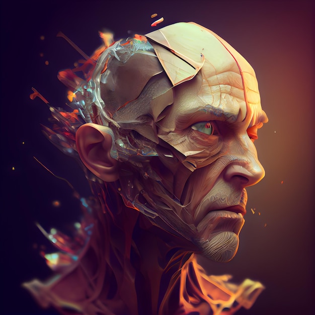 Representación 3D de una cara de cyborg masculino en un concepto futurista