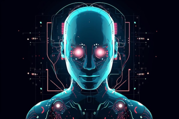 Representación 3d de cara de robot o cyborg con fondo de placa de circuito