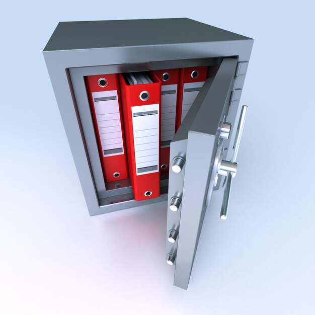 Representación 3D de carpetas de anillas en una caja de seguridad