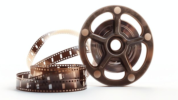 Foto una representación en 3d de un carrete de película vintage el carrete está hecho de metal y tiene una tira de película marrón envuelta a su alrededor