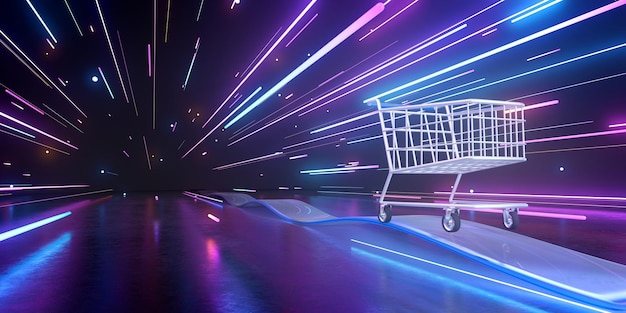 Representación 3d de carrito de compras y senderos de luz.