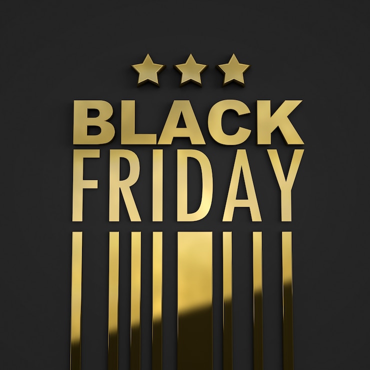 Foto representación 3d de un cartel dorado sobre fondo negro con las palabras viernes negro