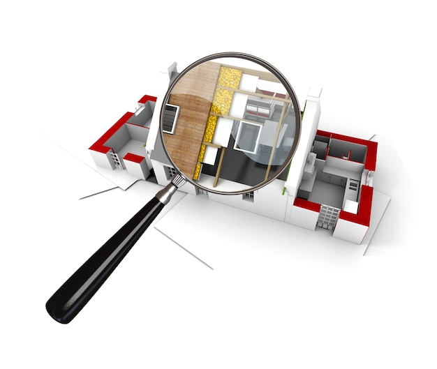 Representación 3d de una casa en construcción examinada por una lupa