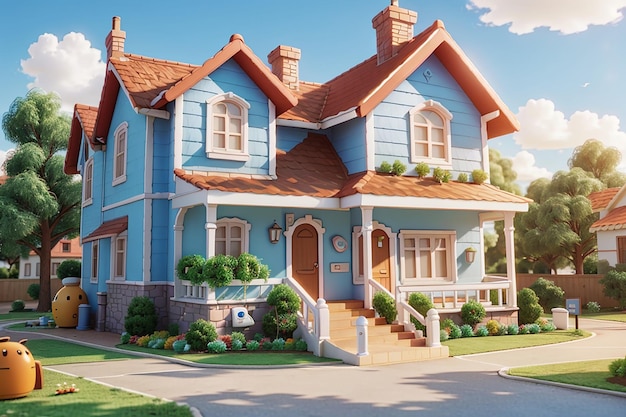 Representación 3D de una casa de dibujos animados. Casa 3d.