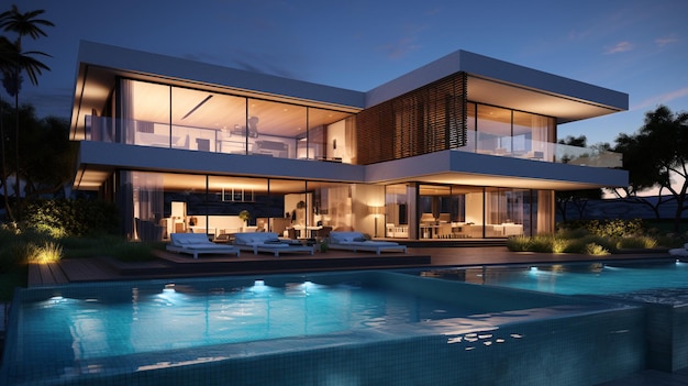 Representación 3D de una casa lujosa moderna con piscina