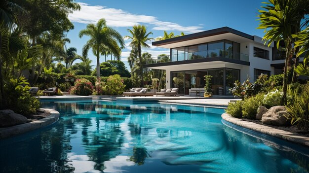 Representación 3D de una casa moderna y acogedora con estacionamiento y piscina en venta o alquiler con fachada de tablones de madera por