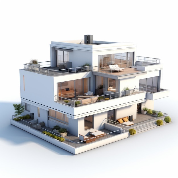 Representación 3d de una casa moderna y acogedora con garaje y piscina en venta o alquiler