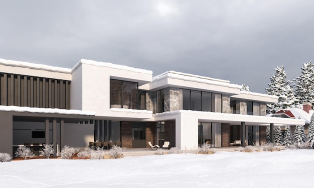 Representación 3D de una casa moderna con cochera. Casa en invierno en la nieve.