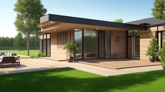 Representación 3d de una casa moderna de lujo con un gran piso de madera y un patio de césped