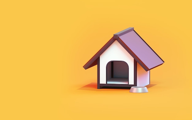 Representación 3D de una casa de perro sobre fondo amarillo