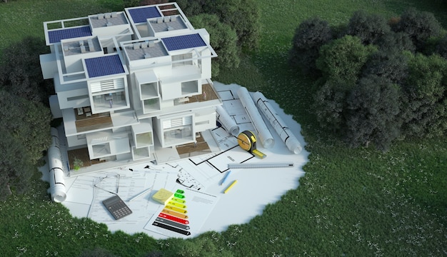 Representación 3D de una casa con planos, gráficos de energía y otros documentos en un campo