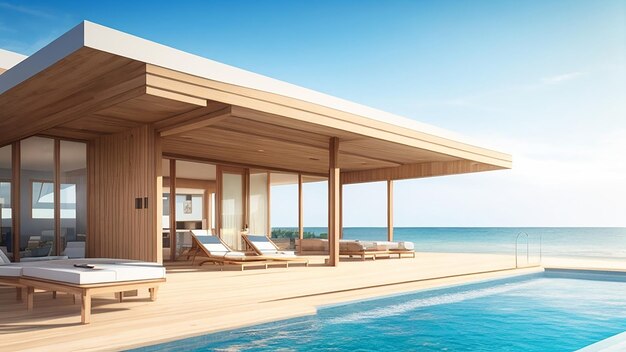 Representación 3d de una casa de playa de lujo moderna con terraza de madera y piscina en el fondo del mar