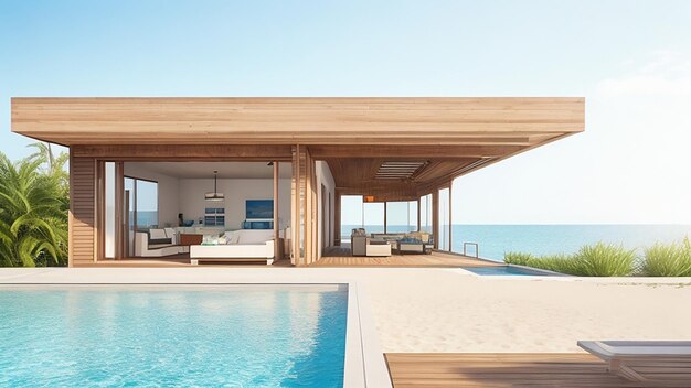 Representación 3d de una casa de playa de lujo moderna con terraza de madera y piscina en el fondo del mar