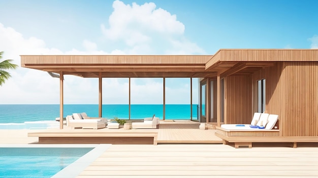 Representación 3d de una casa de playa de lujo moderna con terraza de madera y piscina en el fondo del mar