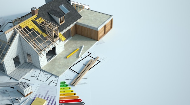 Representación 3D de una casa que se está ampliando con renovaciones con un gráfico de energía