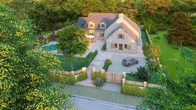 Representación 3D de una casa de techo de pizarra inclinada clásica con piscina y jardín, vista aérea