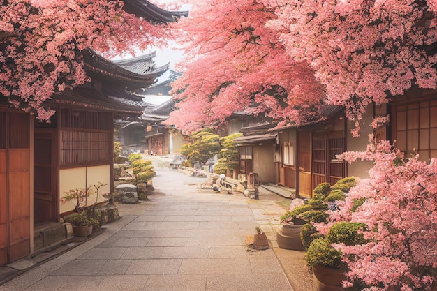 Representación 3D del casco antiguo de Japón con cerezos en flor