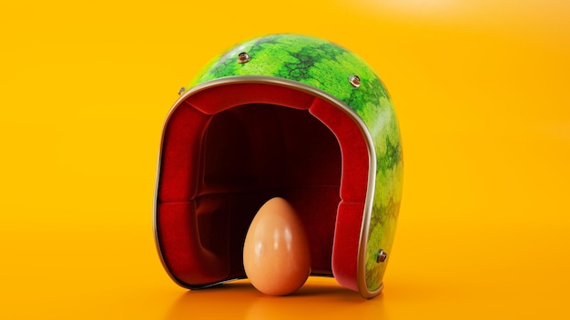 La representación 3D del casco como sandía protege un concepto de garantía de huevo