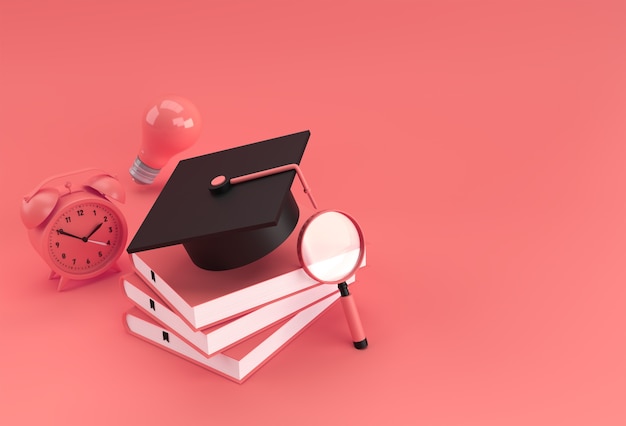 Representación 3D del casquillo de la graduación, lupa Bombilla con libros Formas 3d realistas. Concepto de educación en línea.