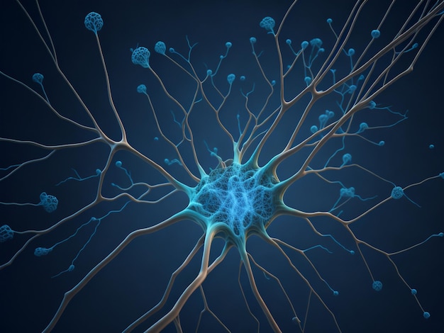 Representación 3D de la célula neuronal con neuronas y sistema nervioso sobre fondo azul