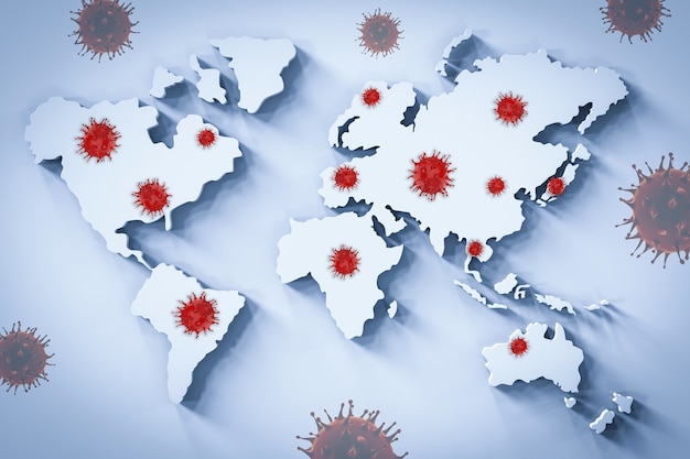 Representación 3D de células de coronavirus o pandemia de células covid-19 en todo el mundo