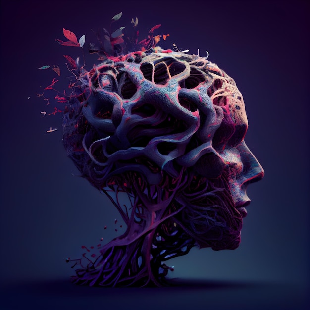 Representación 3d de un cerebro humano abstracto hecho de raíces y hojas