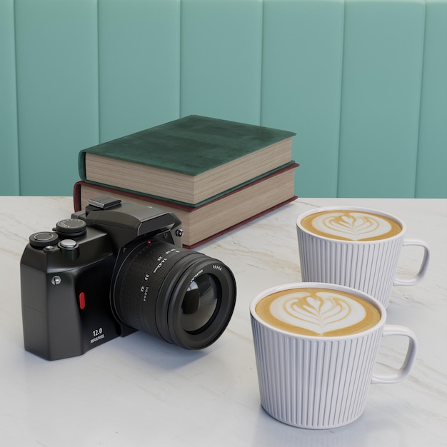 Representación 3D cerrar el arte del café con leche en la mesa de mármol con el libro de la cámara