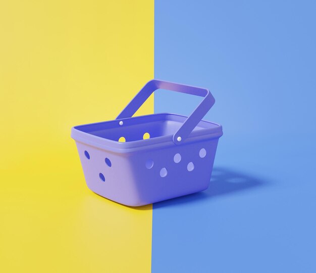 Representación 3D Cestas de la compra vacías compra venta tienda concepto en línea sobre fondo amarillo y azul estilo descuento mínimo promoción venta banner sitio web ilustración