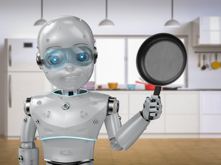 Foto representación 3d chef robot o asistente niño robótico cocinando en la cocina