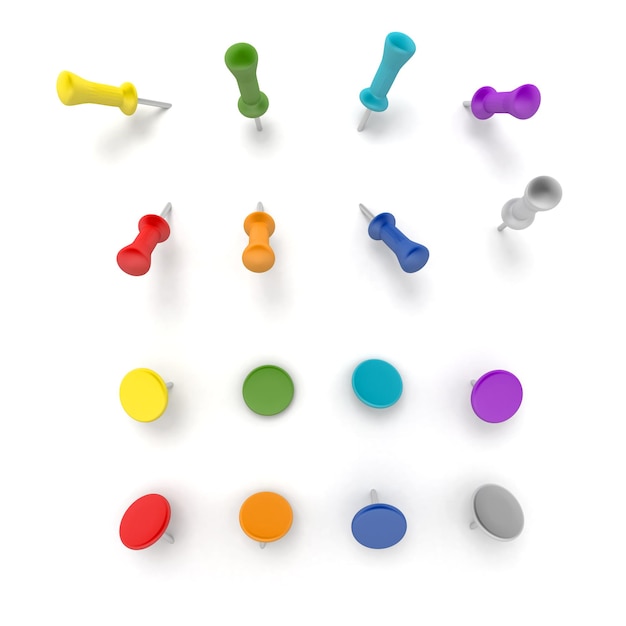 Foto representación 3d de chinchetas de diferentes formas y colores