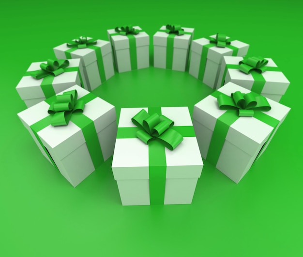 Representación 3D de un círculo de cajas de regalo en verde y blanco