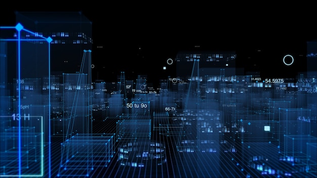 Representación 3D ciudad digital tecnológica abstracta a partir de datos en el ciberespacio, almacenamiento de información en el espacio de información