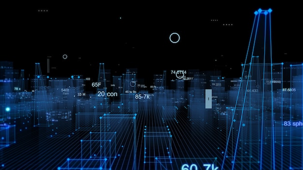 Representación 3D ciudad digital tecnológica abstracta a partir de datos en el ciberespacio, almacenamiento de información en el espacio de información