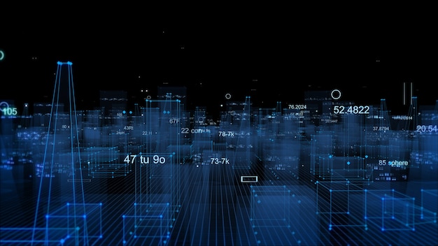 Representación 3D ciudad digital tecnológica abstracta a partir de datos en el ciberespacio, almacenamiento de información en el espacio de información