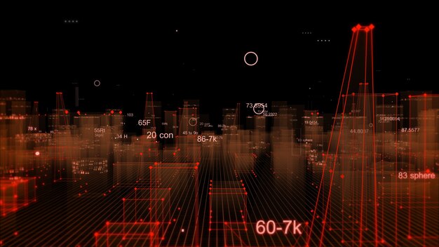 Representación 3D ciudad digital tecnológica abstracta a partir de datos en el ciberespacio, almacenamiento de información en el espacio de información