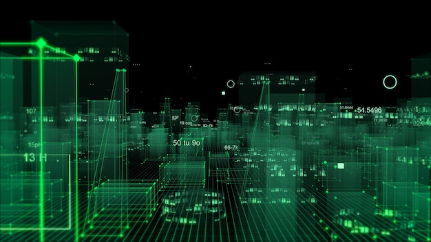 Representación 3D ciudad digital tecnológica abstracta a partir de datos en el ciberespacio, almacenamiento de información en el espacio de información