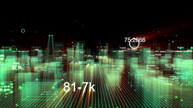 Representación 3D ciudad digital tecnológica abstracta a partir de datos en el ciberespacio, almacenamiento de información en el espacio de información