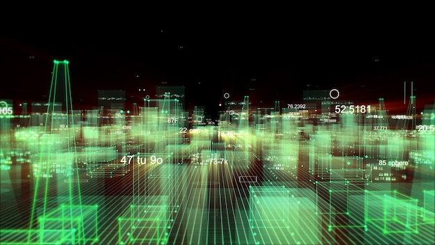 Representación 3D ciudad digital tecnológica abstracta a partir de datos en el ciberespacio, almacenamiento de información en el espacio de información