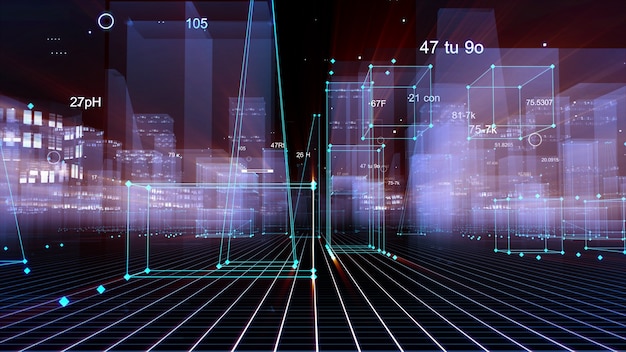 Representación 3D ciudad digital tecnológica abstracta a partir de datos en el ciberespacio, almacenamiento de información en el espacio de información