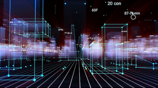 Representación 3D ciudad digital tecnológica abstracta a partir de datos en el ciberespacio, almacenamiento de información en el espacio de información