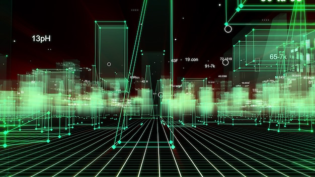 Representación 3D ciudad digital tecnológica abstracta a partir de datos en el ciberespacio, almacenamiento de información en el espacio de información