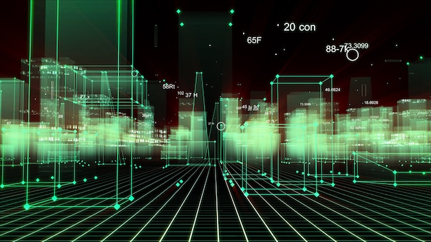 Representación 3D ciudad digital tecnológica abstracta a partir de datos en el ciberespacio, almacenamiento de información en el espacio de información