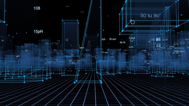 Representación 3D ciudad digital tecnológica abstracta a partir de datos en el ciberespacio, almacenamiento de información en el espacio de información
