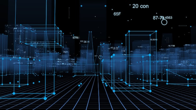 Representación 3D ciudad digital tecnológica abstracta a partir de datos en el ciberespacio, almacenamiento de información en el espacio de información