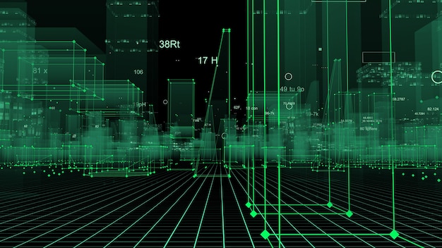 Representación 3D ciudad digital tecnológica abstracta a partir de datos en el ciberespacio, almacenamiento de información en el espacio de información